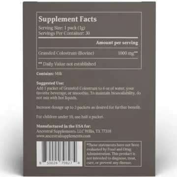 Ancestral Supplements Grass Fed Beef Bovine Colostrum Powder Packets, Immune Support Supplement, Gut...