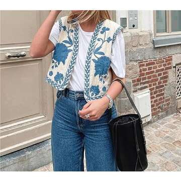 Women Vintage Embroidered Vest Y2k Sleeveless Open Front Linen Top Floral Crochet Flower Cardigan Fashion Vest Top (A-Blue, M)