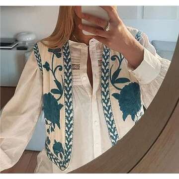 Women Vintage Embroidered Vest Y2k Sleeveless Open Front Linen Top Floral Crochet Flower Cardigan Fashion Vest Top (A-Blue, M)