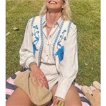 Women Vintage Embroidered Vest Y2k Sleeveless Open Front Linen Top Floral Crochet Flower Cardigan Fashion Vest Top (A-Blue, M)