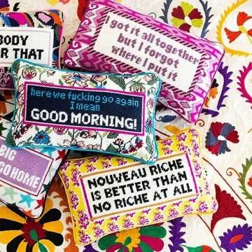 FURBISH Handmade Needlepoint Decorative Throw Pillow - Got it All Together - 9" x 15" - Small Embroidered Accent Pillow for Bed, Chair, Couch, Sofa - Aesthetic Room Decor