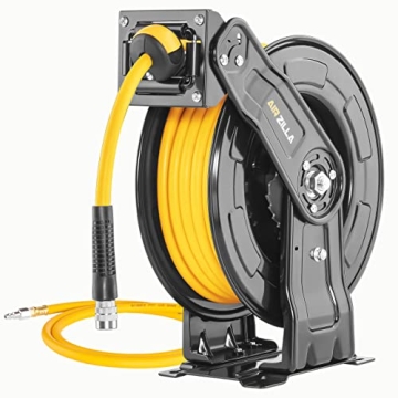 AIRZILLA Premium Steel Retractable Air Hose Reel With Dual Arm, 3/8"x65Ft Hybrid Polymer Hose