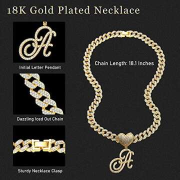 Krfy Cursive Gold Initial Pendant Necklace Iced Out Miami Cuban Link Chain for Women 18K Gold Plated Alphabet Letter Pendant Choker Hip Hop Chain Trendy Rapper Jewelry