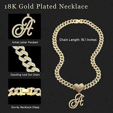 Krfy Cursive Gold Initial Pendant Necklace Iced Out Miami Cuban Link Chain for Women 18K Gold Plated Alphabet Letter Pendant Choker Hip Hop Chain Trendy Rapper Jewelry