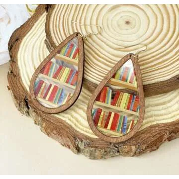 INLOLLY Wooden Book Earrings Teacher Earrings Librarian Book Lovers Gifts for Women Girls, Funky Uni...