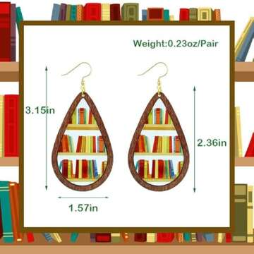 INLOLLY Wooden Book Earrings Teacher Earrings Librarian Book Lovers Gifts for Women Girls, Funky Unique Bookcase Book Shelf Science Earrings Jewelry, Handmade Book Club Readers Reading Gifts Presents