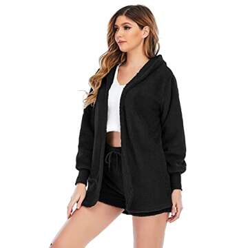 Famnbro Womens 3 Piece Pajama Sets Soft Warm Fleece Fuzzy Hoodie Cardigan Crop Top Shorts Lounge Outfits C-black