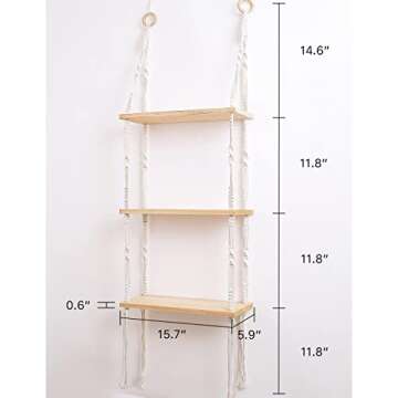 Easever Boho 3-Tier Wooden Plant Shelves - Macrame Wall Hanging Storage for Apartment, Bathroom, Liv...