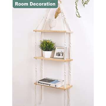 Easever Boho 3-Tier Wooden Plant Shelves - Macrame Wall Hanging Storage for Apartment, Bathroom, Living Room, Bedroom