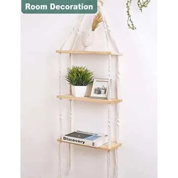 Easever Boho 3-Tier Wooden Plant Shelves - Macrame Wall Hanging Storage for Apartment, Bathroom, Living Room, Bedroom