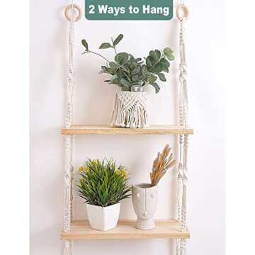 Easever Boho 3-Tier Wooden Plant Shelves - Macrame Wall Hanging Storage for Apartment, Bathroom, Living Room, Bedroom
