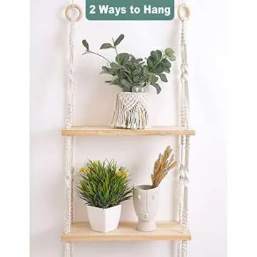 Easever Boho 3-Tier Wooden Plant Shelves - Macrame Wall Hanging Storage for Apartment, Bathroom, Living Room, Bedroom