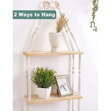 Easever Boho 3-Tier Wooden Plant Shelves - Macrame Wall Hanging Storage for Apartment, Bathroom, Living Room, Bedroom