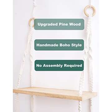 Easever Boho 3-Tier Wooden Plant Shelves - Macrame Wall Hanging Storage for Apartment, Bathroom, Living Room, Bedroom