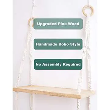 Easever Boho 3-Tier Wooden Plant Shelves - Macrame Wall Hanging Storage for Apartment, Bathroom, Living Room, Bedroom