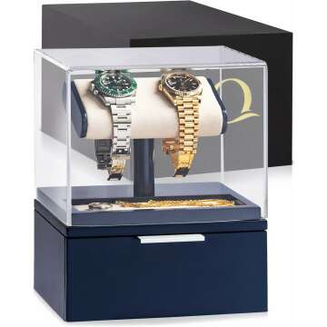 QWATCH Watch Stand Display Case - Acrylic Watch Box for 2 or 4 Watches with Jewelry Valet Tray and Drawer
