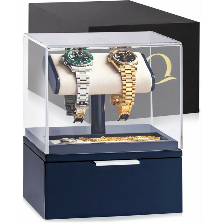 QWATCH Watch Stand Display Case - Acrylic Watch Box for 2 or 4 Watches with Jewelry Valet Tray and Drawer
