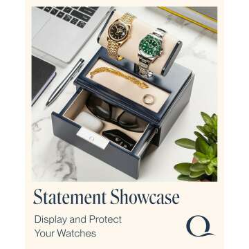 QWATCH Watch Stand Display Case - Acrylic Watch Box for 2 or 4 Watches with Jewelry Valet Tray and Drawer