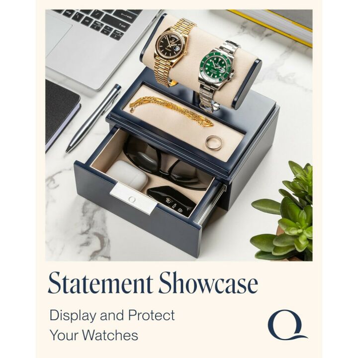 QWATCH Watch Stand Display Case - Acrylic Watch Box for 2 or 4 Watches with Jewelry Valet Tray and Drawer