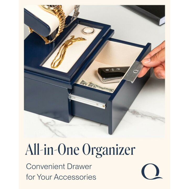 QWATCH Watch Stand Display Case - Acrylic Watch Box for 2 or 4 Watches with Jewelry Valet Tray and Drawer