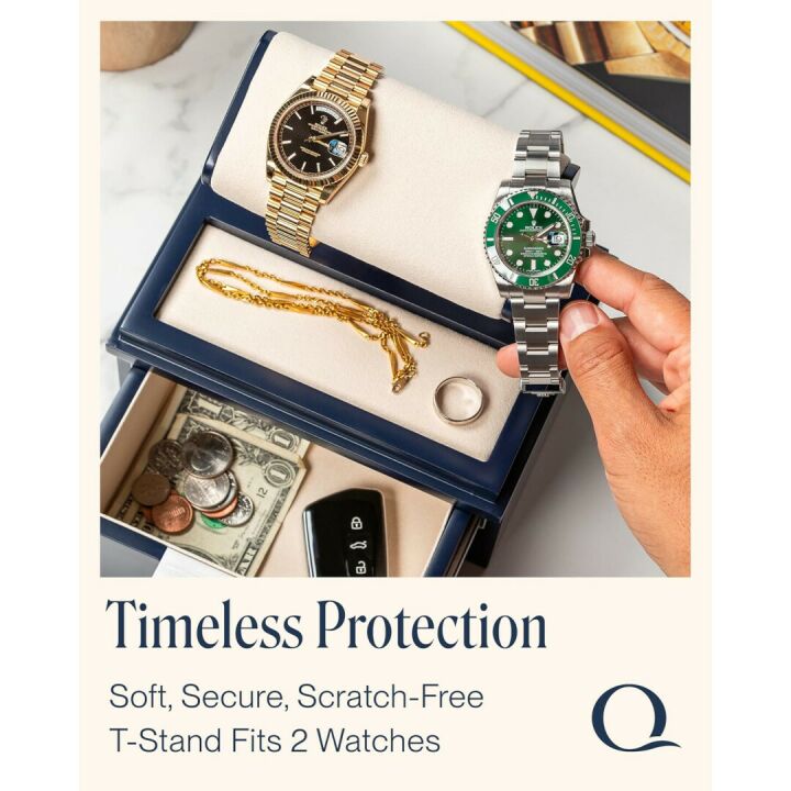 QWATCH Watch Stand Display Case - Acrylic Watch Box for 2 or 4 Watches with Jewelry Valet Tray and Drawer