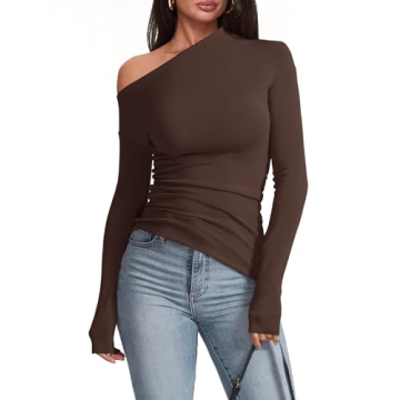 Meetrendi Women's Sexy Off Shoulder Going Out Tops Long Sleeve Asymmetrical Slim Fit Trendy Fall Shi...