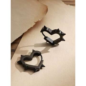 Sacina Huggie Hoop Black Spike Heart Earrings, Gothic Punk Grunge Emo Y2k Earrings, Goth Jewelry, Christmas Jewelry Gift For Women