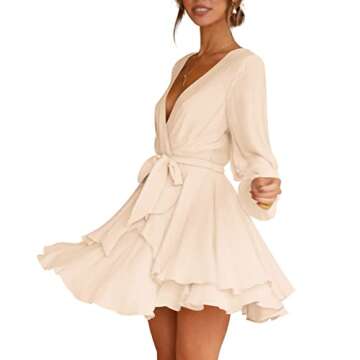 Womens Cocktail Party Dresses V-Neck Long Sleeve Tie Waist Skater Dress Champagne XL
