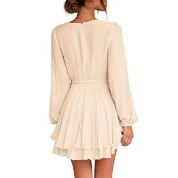 Womens Cocktail Party Dresses V-Neck Long Sleeve Tie Waist Skater Dress Champagne XL