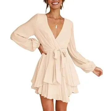 Womens Cocktail Party Dresses V-Neck Long Sleeve Tie Waist Skater Dress Champagne XL
