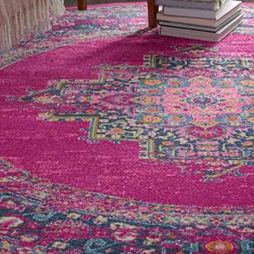 Nourison Passion Fuchsia 8' x Round Area-Rug, Boho, Traditional, Easy-Cleaning, Non Shedding, Bed Room, Living Room, Hallway, (8' Round)