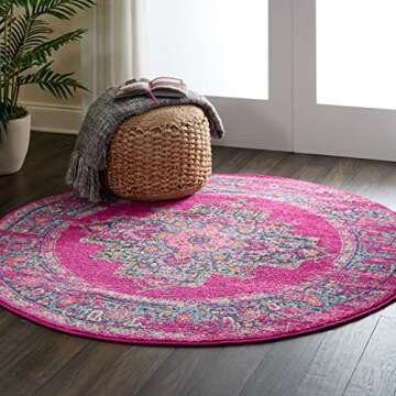 Nourison Passion Fuchsia 8' x Round Area-Rug, Boho, Traditional, Easy-Cleaning, Non Shedding, Bed Room, Living Room, Hallway, (8' Round)