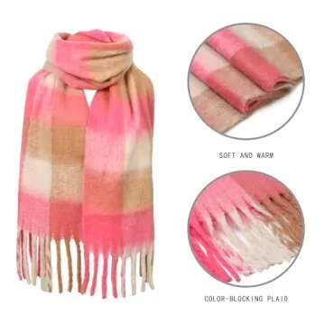 Rulala Fancy Oversized Blanket Scarf for Women Winter Fall Chunky Plaid Soft Cashmere Feel Thick Scarves with Fringed(Pink & Prunosus Plaid)