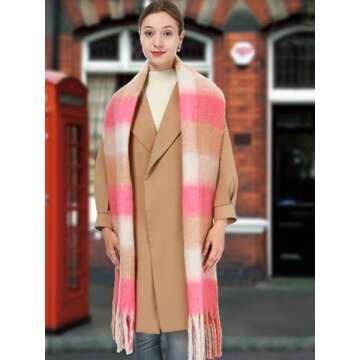 Rulala Fancy Oversized Blanket Scarf for Women Winter Fall Chunky Plaid Soft Cashmere Feel Thick Scarves with Fringed(Pink & Prunosus Plaid)