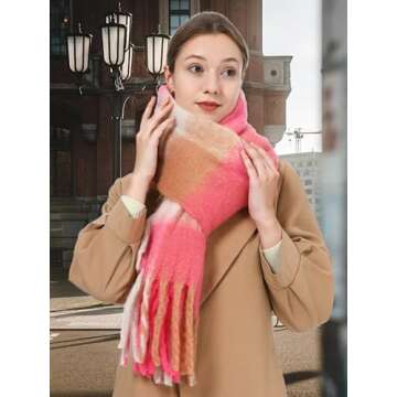 Rulala Fancy Oversized Blanket Scarf for Women Winter Fall Chunky Plaid Soft Cashmere Feel Thick Scarves with Fringed(Pink & Prunosus Plaid)