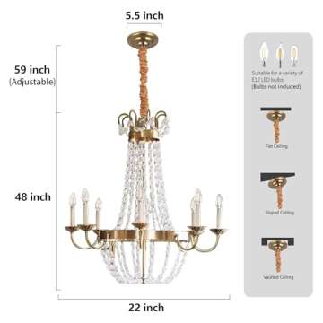 Mccokaige 8 Lights Vintage K9 Crystal Chandelier French Empire Crystal Chandelier Gold Chandelier Vintage Candle Chandelier for Bedroom Hallway Kitchen Bathroom Living Room Dining Room Dia 22 inch