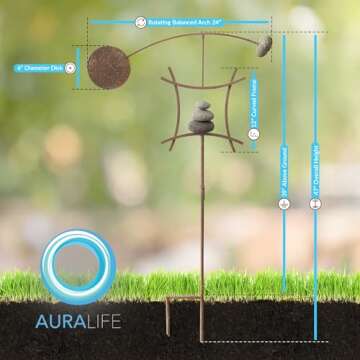 Aura Life Zen Garden Spinner Kinetic Wind Sculpture with Rock Cairn & Stake - Relaxing Outdoor Spinners for Yard and Garden - Handmade Outdoor Wind Art Vane Sculptures (Bare Steel)