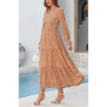 BTFBM Women Casual Long Sleeve Crew Neck Fall Dress Bohemian Relaxed Fit Floral Flowy Maxi Dresses Tiered Cocktail Dress(Floral Brown,Medium)
