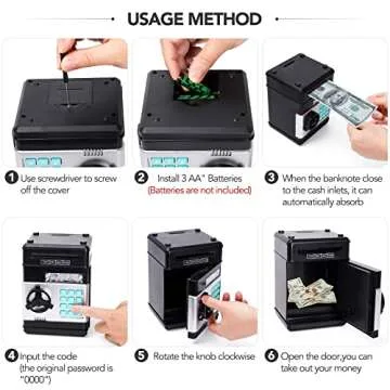PhilaeEC Black Piggy Bank for Kids, Electronic ATM Cash Coin Can Money Saving Box with Password, Children's Safe Money Jar with Auto Grab Bill Slot, Birthday Christmas Toy Gifts for Boys Girls