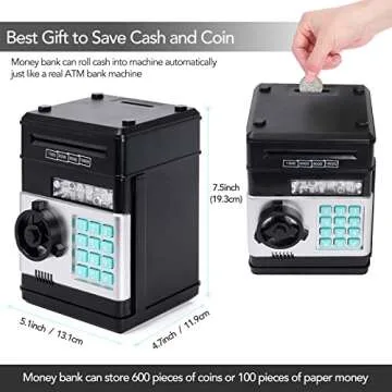 PhilaeEC Black Piggy Bank for Kids, Electronic ATM Cash Coin Can Money Saving Box with Password, Children's Safe Money Jar with Auto Grab Bill Slot, Birthday Christmas Toy Gifts for Boys Girls