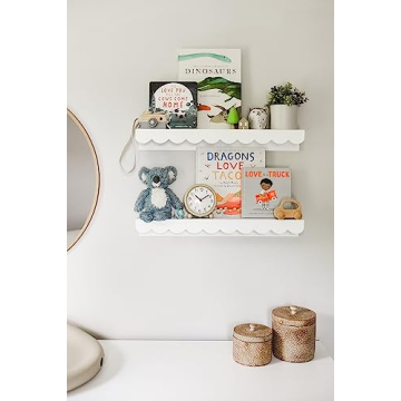 Floating Nursery Book Shelves Wall | Pair of 24in Scalloped White Nursery Book Shelves for Kids Room | Cloud Shelves | Easy to Install Baby Bookshelf for Nursery | Nursery Shelves for Wall