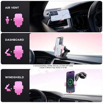 Wireless Car Charger,【7 Colored LED Backlit】 15W Auto Clamping Car Charger Phone Mount Holder fit for iPhone 14 13 12 Mini Pro Max 11 XR XS, Samsung Galaxy S23 Ultra S22 S21+ S10+ Note 20, etc - Pink