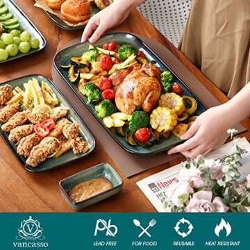 vancasso Stern Serving Platters Set of 3, 15/13/ 11 Inches Rectangular Serving Plates, Green Serving Trays for Entertaining, Party