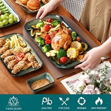 vancasso Stern Serving Platters Set of 3, 15/13/ 11 Inches Rectangular Serving Plates, Green Serving Trays for Entertaining, Party