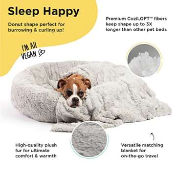 Bundle Set The Original Calming Lux Donut Cuddler Cat and Dog Bed + Pet Throw Blanket, Gray, Large, ...