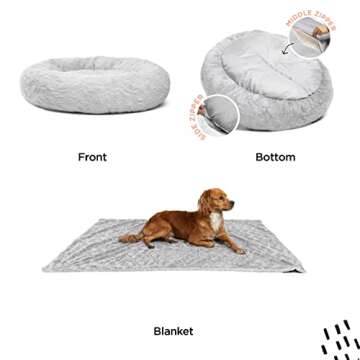 Bundle Set The Original Calming Lux Donut Cuddler Cat and Dog Bed + Pet Throw Blanket, Gray, Large, 36x36
