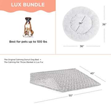 Bundle Set The Original Calming Lux Donut Cuddler Cat and Dog Bed + Pet Throw Blanket, Gray, Large, 36x36
