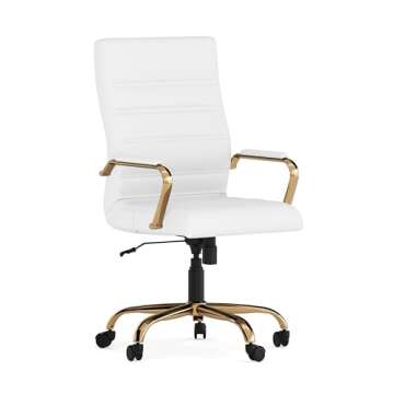 EMMA + OLIVER High Back White LeatherSoft Executive Swivel Office Chair with Gold Frame/Arms