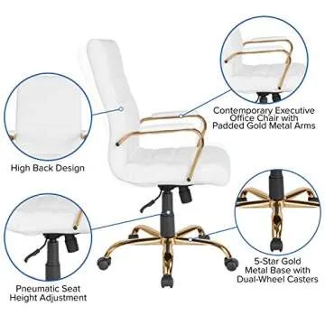 Emma + Oliver High Back White Office Chair with Gold Frame