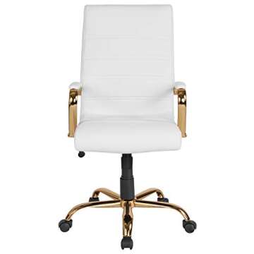 EMMA + OLIVER High Back White LeatherSoft Executive Swivel Office Chair with Gold Frame/Arms